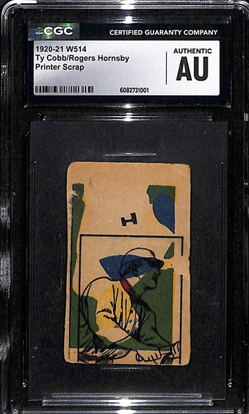 Rare One-of-a-Kind 1920-21 W514 Ty Cobb / Rogers Hornsby Overprint Error Card (Printer Scrap/Proof from 1920) Graded CGC Authentic 